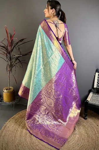 Blue woven design zari silk blend kanjeevaram saree