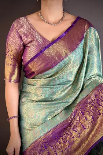 Blue woven design zari silk blend kanjeevaram saree