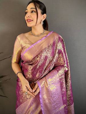 Purple woven design zari silk blend handloom kanjeevaram saree 1