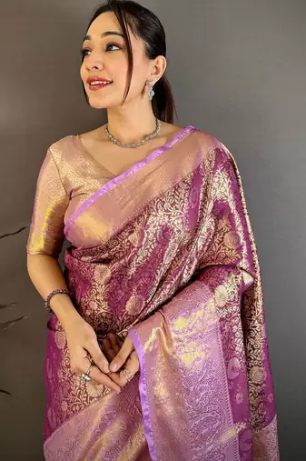 Purple woven design zari silk blend handloom kanjeevaram saree
