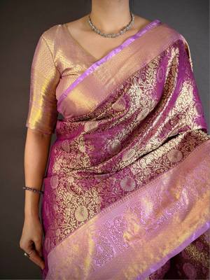 Purple woven design zari silk blend handloom kanjeevaram saree 5