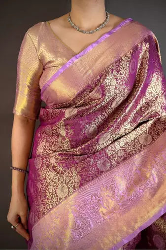 Purple woven design zari silk blend handloom kanjeevaram saree