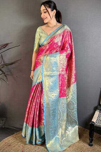 Magenta woven design zari silk blend kanjeevaram saree