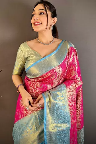 Magenta woven design zari silk blend kanjeevaram saree