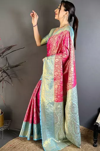 Magenta woven design zari silk blend kanjeevaram saree