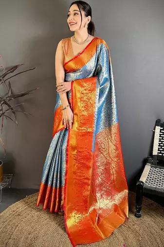 Blue woven design zari silk blend kanjeevaram saree