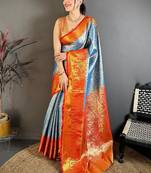 Blue woven design zari silk blend kanjeevaram saree