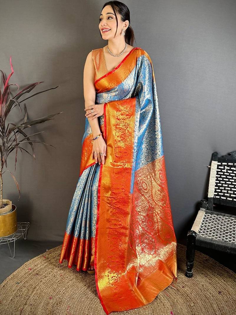 Blue woven design zari silk blend kanjeevaram saree