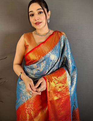 Blue woven design zari silk blend kanjeevaram saree 2