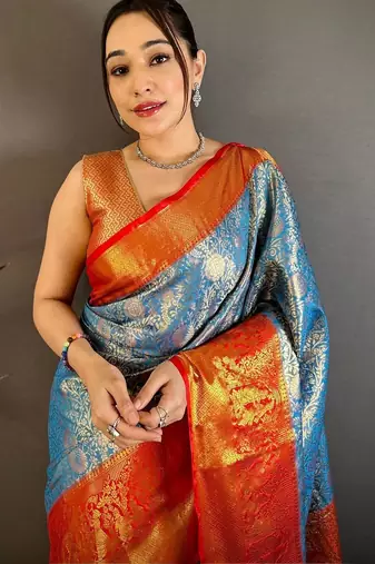Blue woven design zari silk blend kanjeevaram saree
