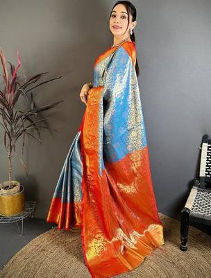 Blue woven design zari silk blend kanjeevaram saree 3