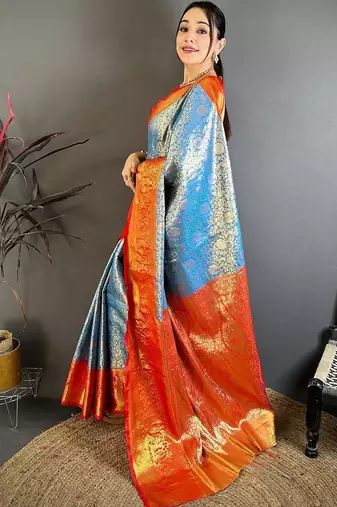 Blue woven design zari silk blend kanjeevaram saree