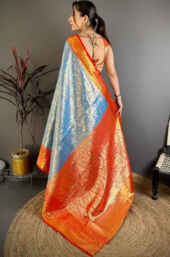 Blue woven design zari silk blend kanjeevaram saree