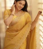 Yellow embellished embroidered sequinned saree with blouse piece
