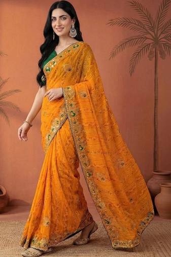 Yellow embroidered bandhani printed & gota lace sarees with unstitched blouse piece