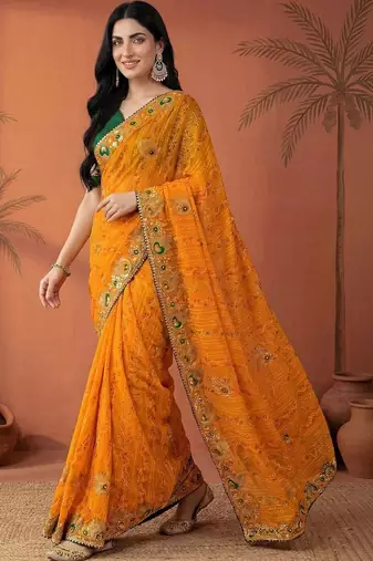 Yellow embroidered bandhani printed & gota lace sarees with unstitched blouse piece