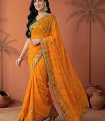 Yellow embroidered bandhani printed & gota lace sarees with unstitched blouse piece