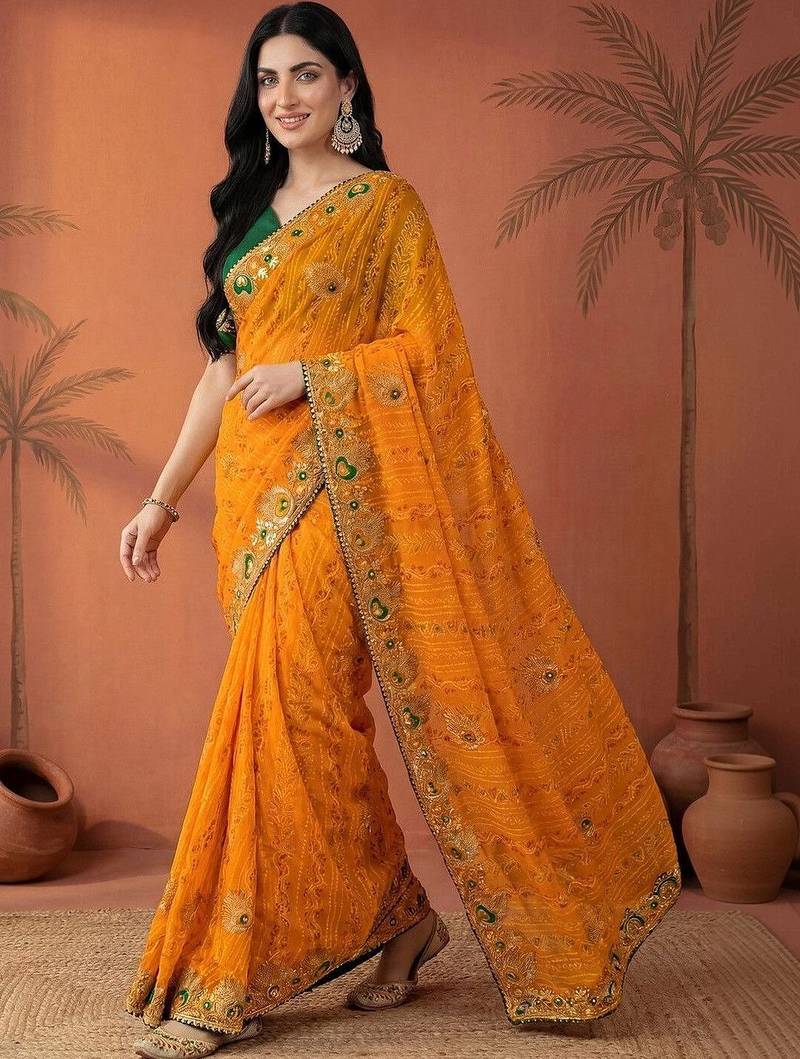 Yellow embroidered bandhani printed & gota lace sarees with unstitched blouse piece
