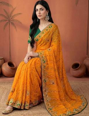 Yellow embroidered bandhani printed & gota lace sarees with unstitched blouse piece 2