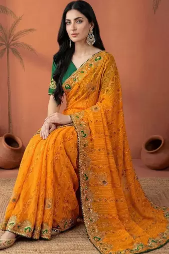 Yellow embroidered bandhani printed & gota lace sarees with unstitched blouse piece