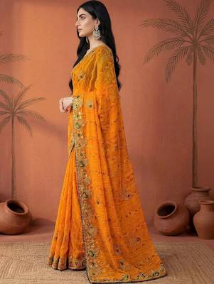 Yellow embroidered bandhani printed & gota lace sarees with unstitched blouse piece 3