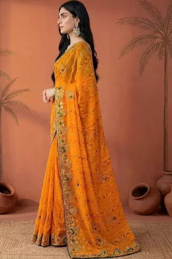 Yellow embroidered bandhani printed & gota lace sarees with unstitched blouse piece