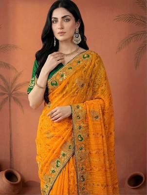 Yellow embroidered bandhani printed & gota lace sarees with unstitched blouse piece 4