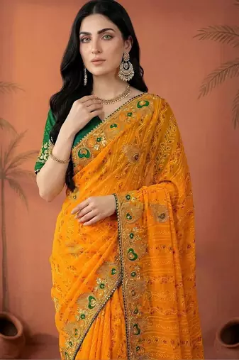 Yellow embroidered bandhani printed & gota lace sarees with unstitched blouse piece