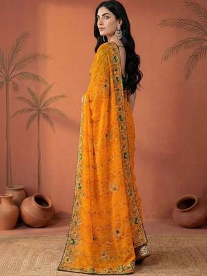 Yellow embroidered bandhani printed & gota lace sarees with unstitched blouse piece 5