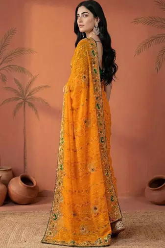 Yellow embroidered bandhani printed & gota lace sarees with unstitched blouse piece