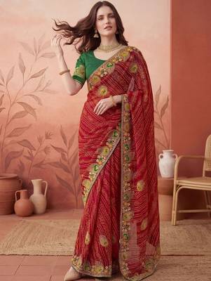 Red embroidered bandhani printed & gota lace sarees with unstitched blouse piece 1
