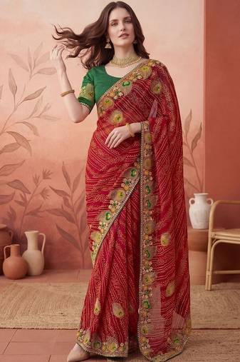 Red embroidered bandhani printed & gota lace sarees with unstitched blouse piece