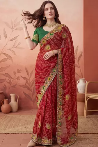 Red embroidered bandhani printed & gota lace sarees with unstitched blouse piece