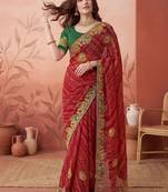 Red embroidered bandhani printed & gota lace sarees with unstitched blouse piece