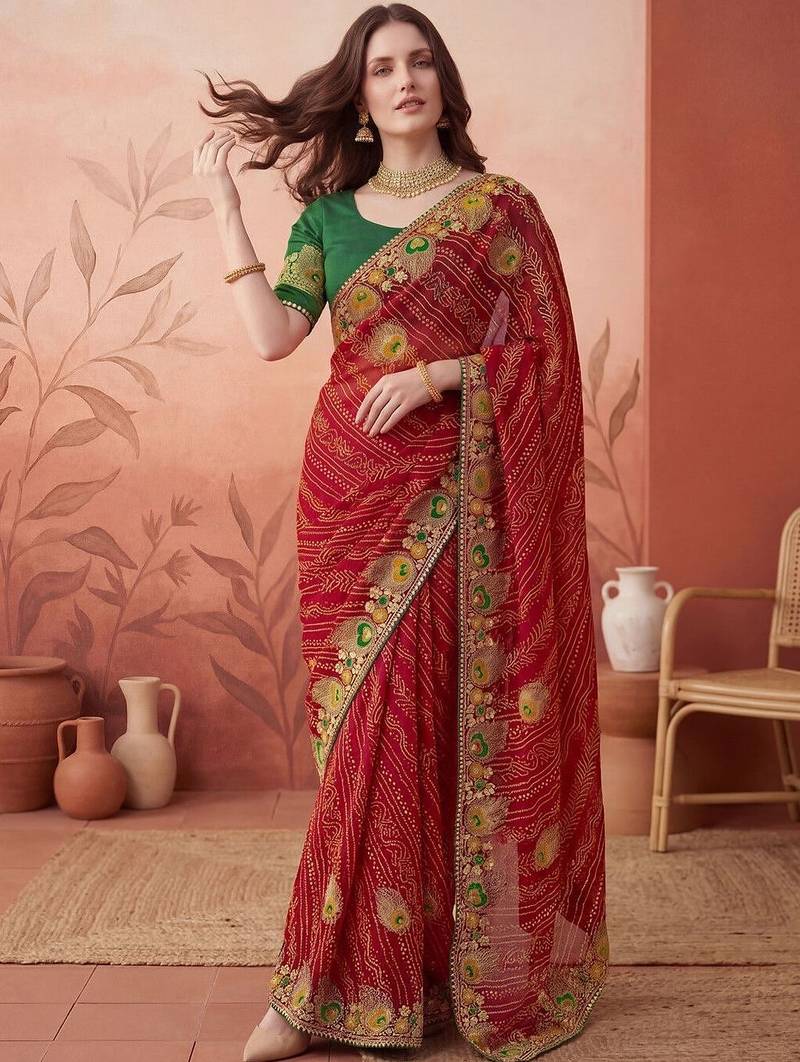 Red embroidered bandhani printed & gota lace sarees with unstitched blouse piece