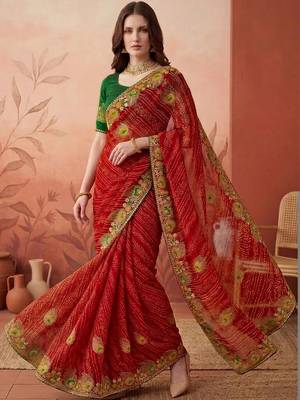 Red embroidered bandhani printed & gota lace sarees with unstitched blouse piece 2
