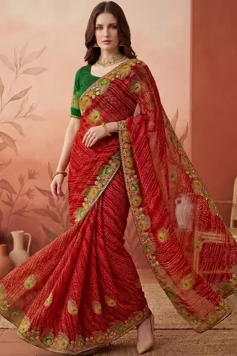 Red embroidered bandhani printed & gota lace sarees with unstitched blouse piece