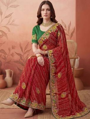 Red embroidered bandhani printed & gota lace sarees with unstitched blouse piece 3