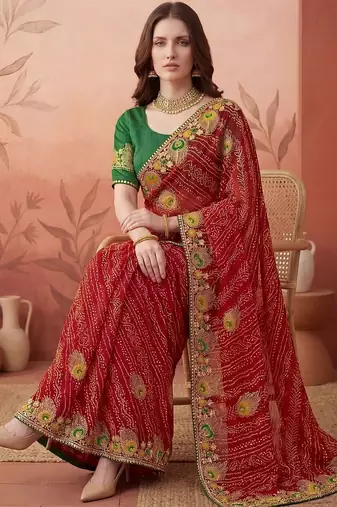 Red embroidered bandhani printed & gota lace sarees with unstitched blouse piece