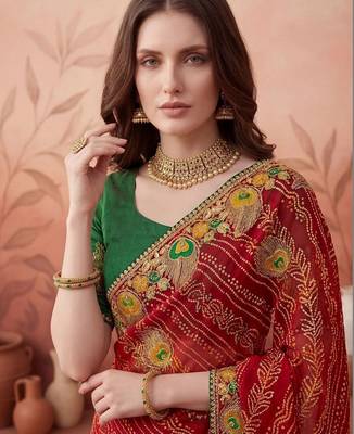 Red embroidered bandhani printed & gota lace sarees with unstitched blouse piece 4