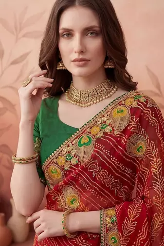 Red embroidered bandhani printed & gota lace sarees with unstitched blouse piece