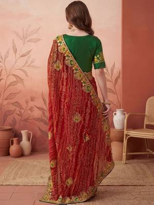 Red embroidered bandhani printed & gota lace sarees with unstitched blouse piece 5