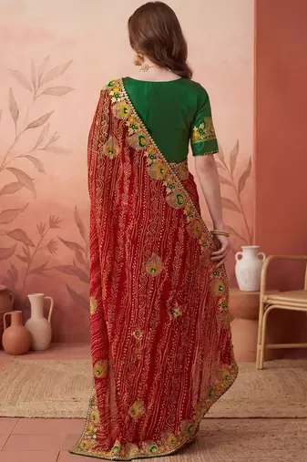 Red embroidered bandhani printed & gota lace sarees with unstitched blouse piece