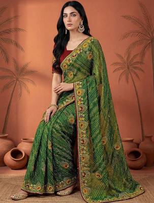 Green embroidered bandhani printed & gota lace sarees with unstitched blouse piece 1