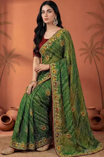 Green embroidered bandhani printed & gota lace sarees with unstitched blouse piece