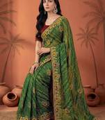 Green embroidered bandhani printed & gota lace sarees with unstitched blouse piece