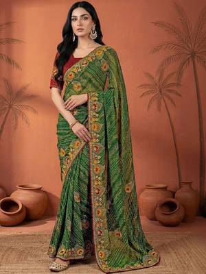 Green embroidered bandhani printed & gota lace sarees with unstitched blouse piece 2