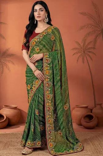 Green embroidered bandhani printed & gota lace sarees with unstitched blouse piece