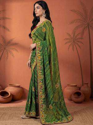 Green embroidered bandhani printed & gota lace sarees with unstitched blouse piece 3