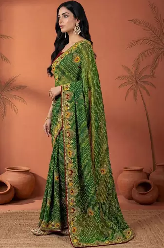Green embroidered bandhani printed & gota lace sarees with unstitched blouse piece